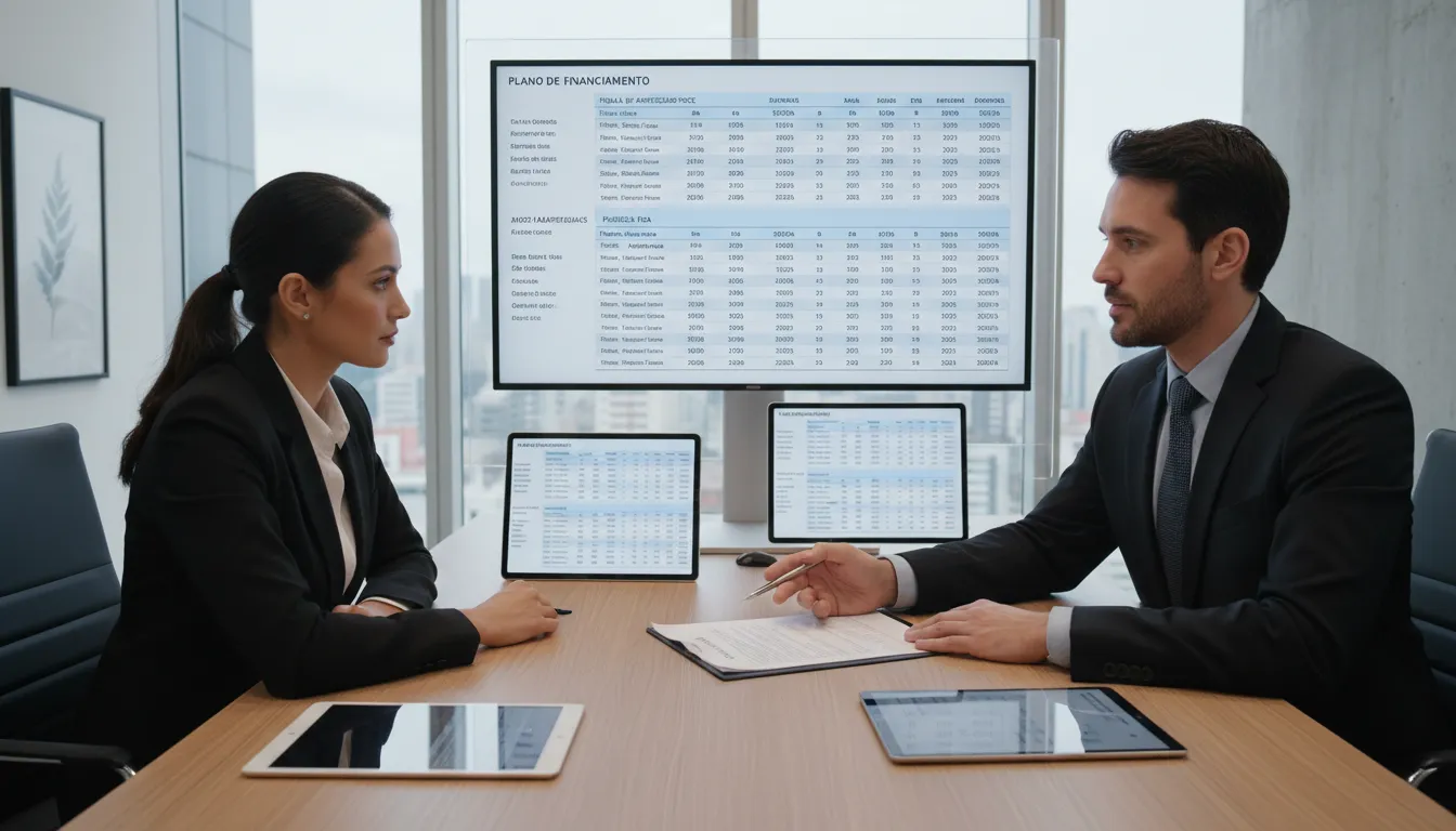 Consultor financeiro apresenta contrato de financiamento de vans a cliente em escritório moderno