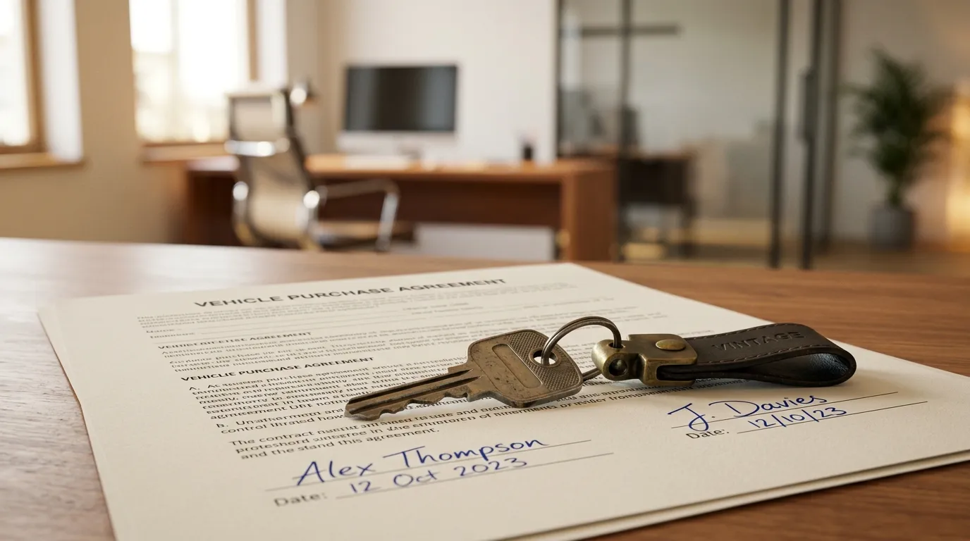 Chave de veículo sobre contrato assinado representando a liberação de crédito via refinanciamento de carro antigo.