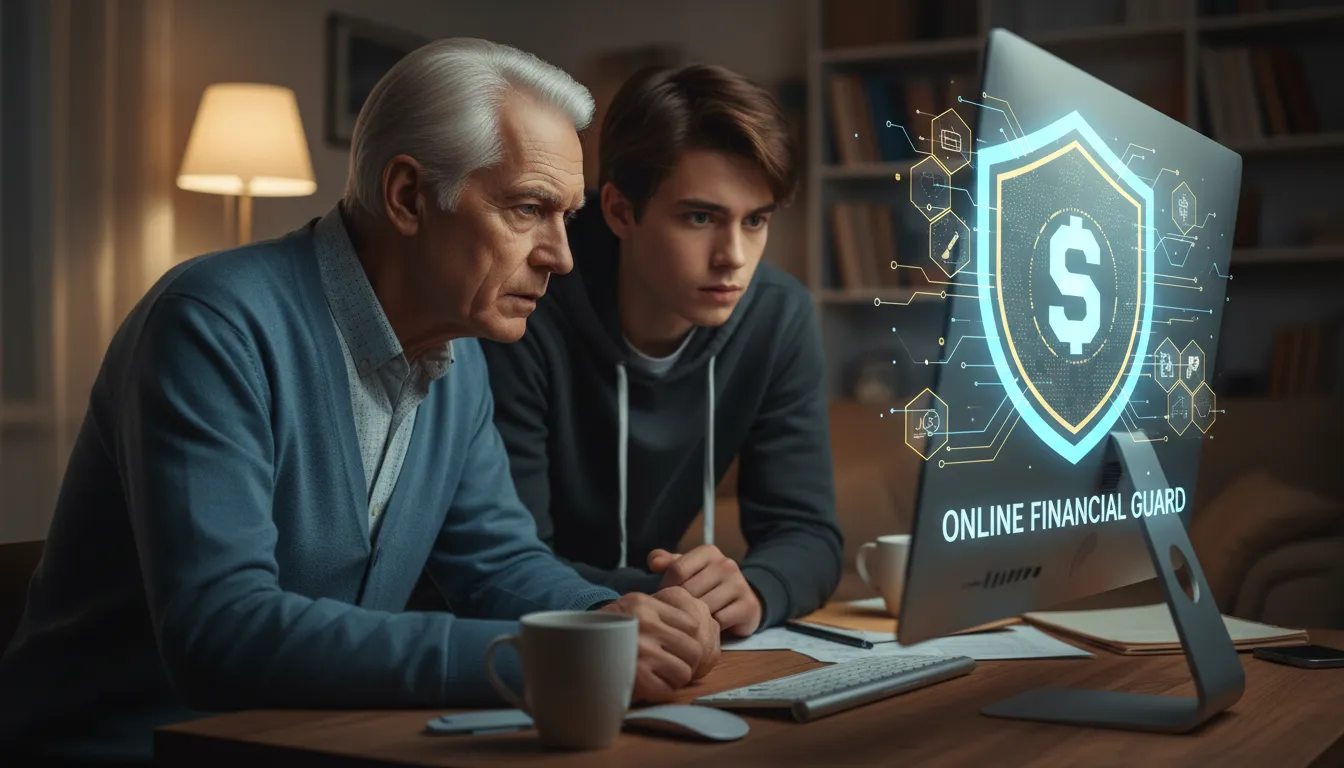 Idoso e jovem atentos à segurança online financeira, símbolo de proteção digital sobreposto na tela