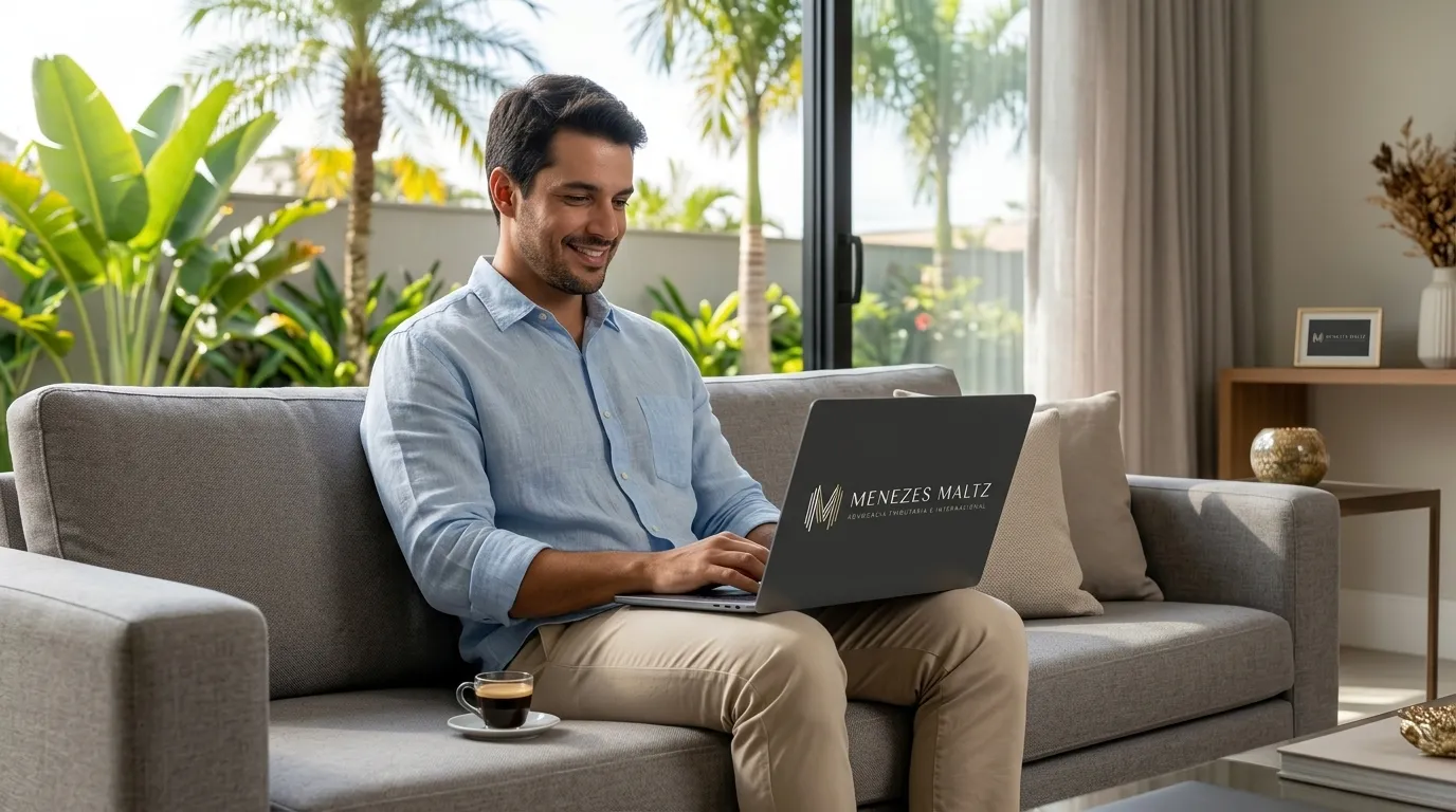 Homem analisa venda de imóvel no exterior ganho de capital em seu computador.