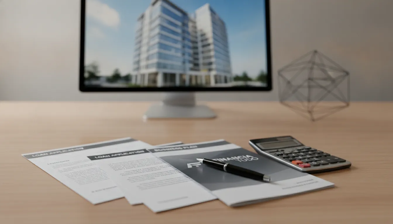 Documentos financeiros e calculadora sobre mesa, simbolizando financiamento para escritório de arquitetura bem-sucedido.