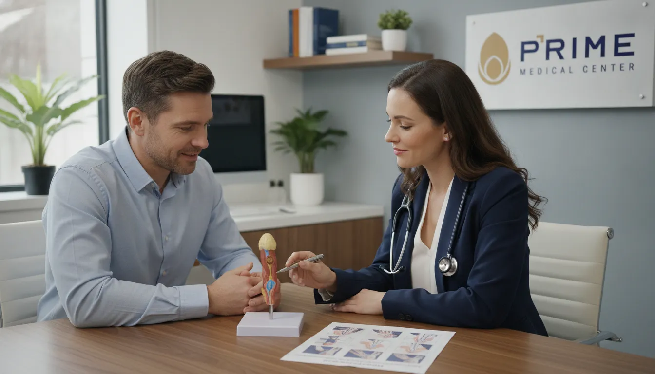 Médica explica injeção intracavernosa para paciente, usando diagrama, em consultório moderno e acolhedor.