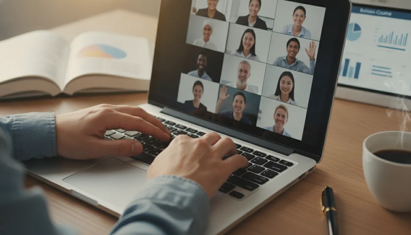 Mãos digitando em laptop com videochamada, simbolizando aprendizado e colaboração para escalar um negócio nos EUA.