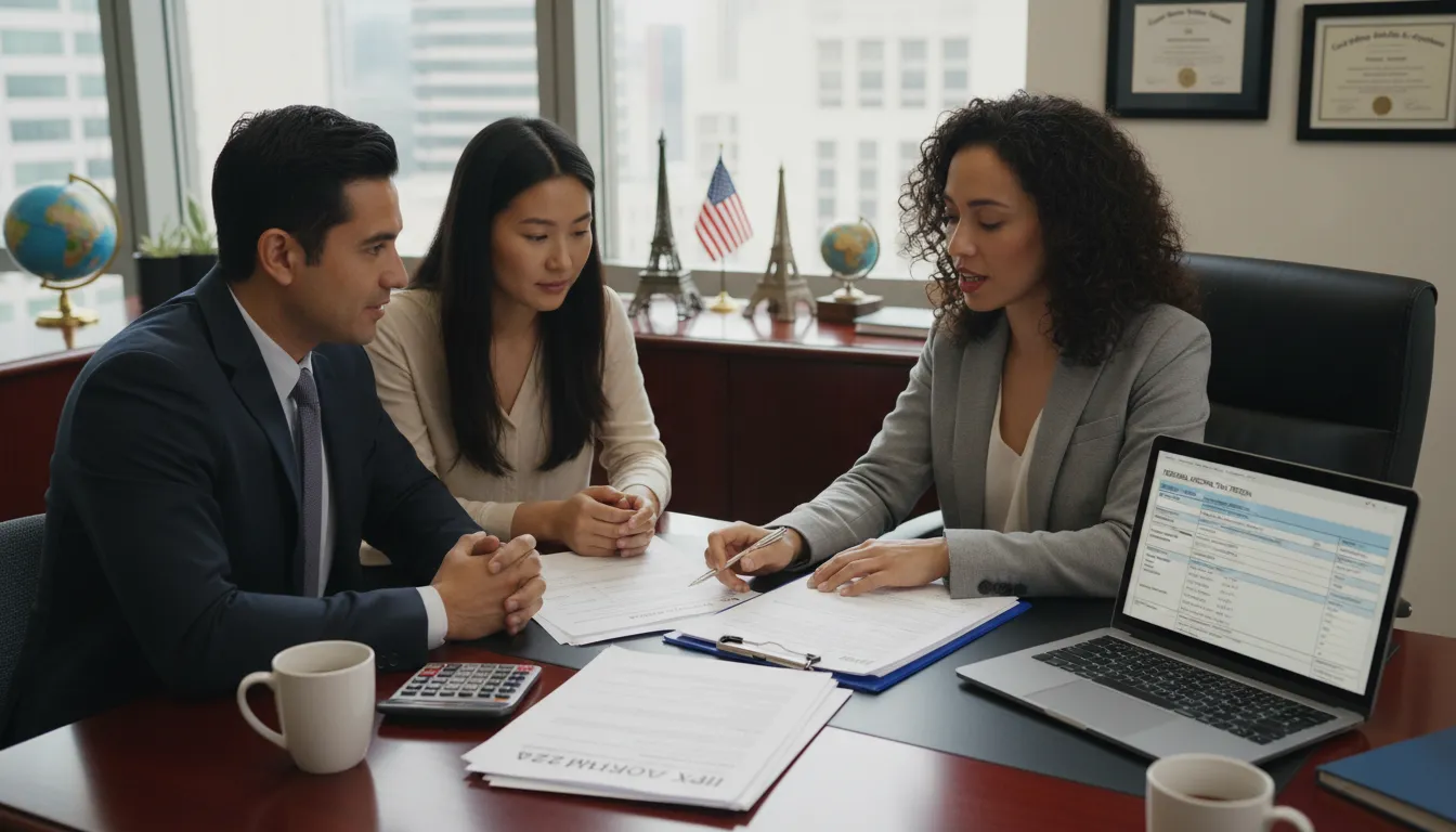 Asesor profesional explicando el uso y gestión del ITIN a una pareja extranjera en oficina contable.