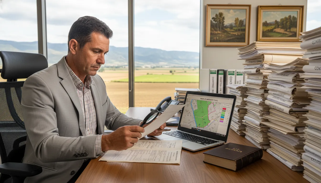 Advogado rural analisando documentação de propriedade em escritório com mapas agrícolas.