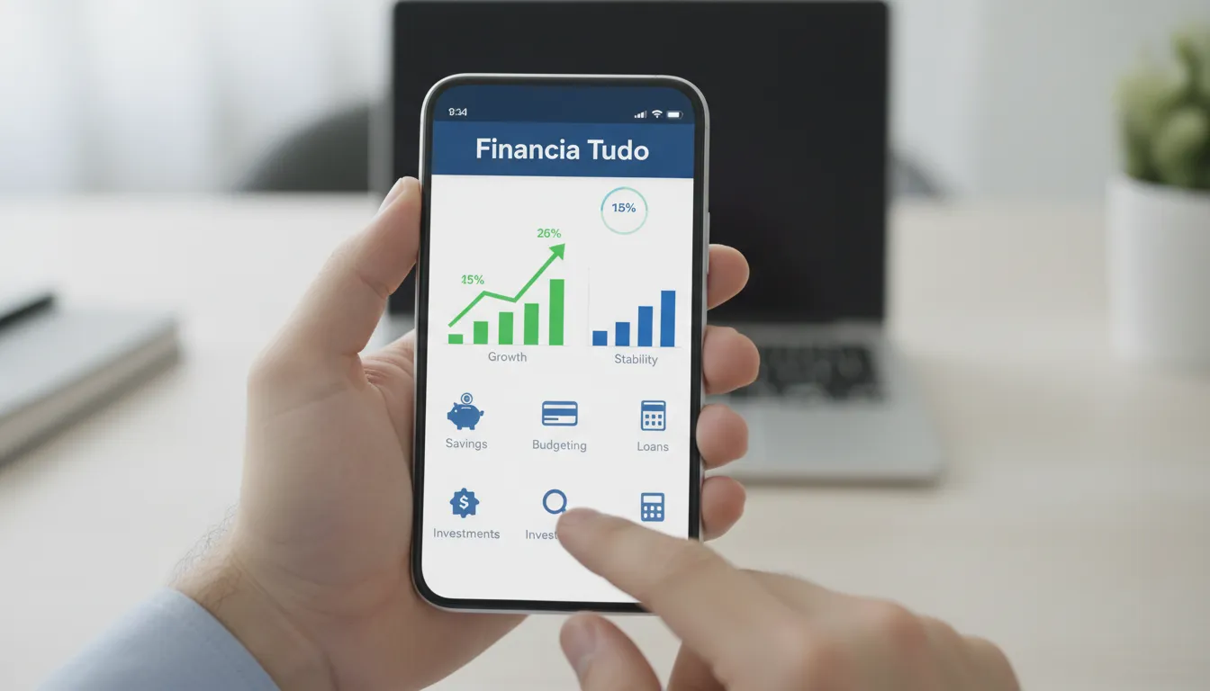 Aplicativo Financia Tudo em uso, demonstrando como a tecnologia facilita organizar vida financeira e acompanhar o progresso dos investimentos.