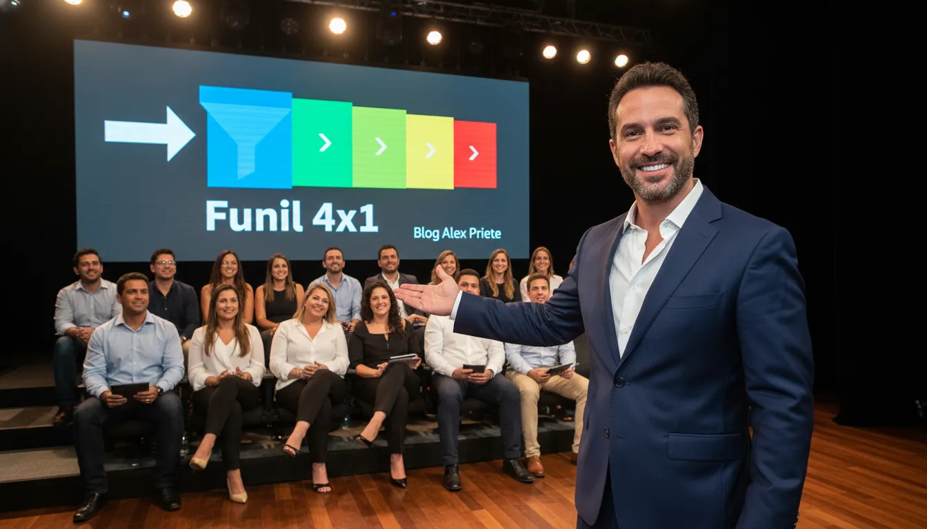 Alex Priete ensinando sobre o funil de escala 4x1 para empresários. Dominação Local com Google; Marketing Digital para negócios.