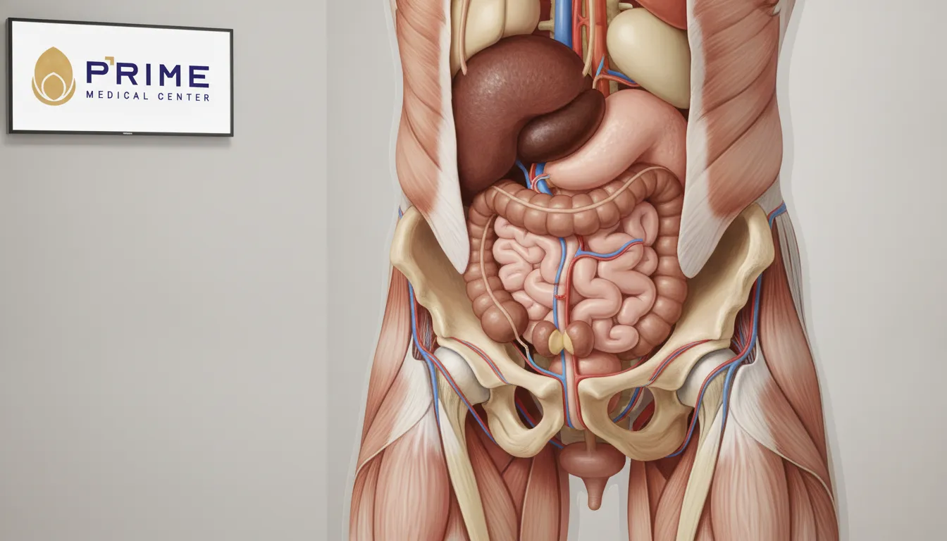 Ilustração anatômica detalhada da próstata inflamada, representando a prostatite bacteriana e sua localização.