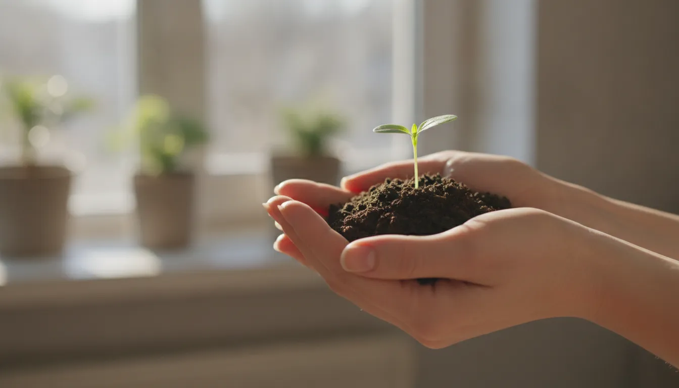 Mãos segurando delicadamente uma muda, simbolizando o cultivo do autocuidado e superação da culpa.