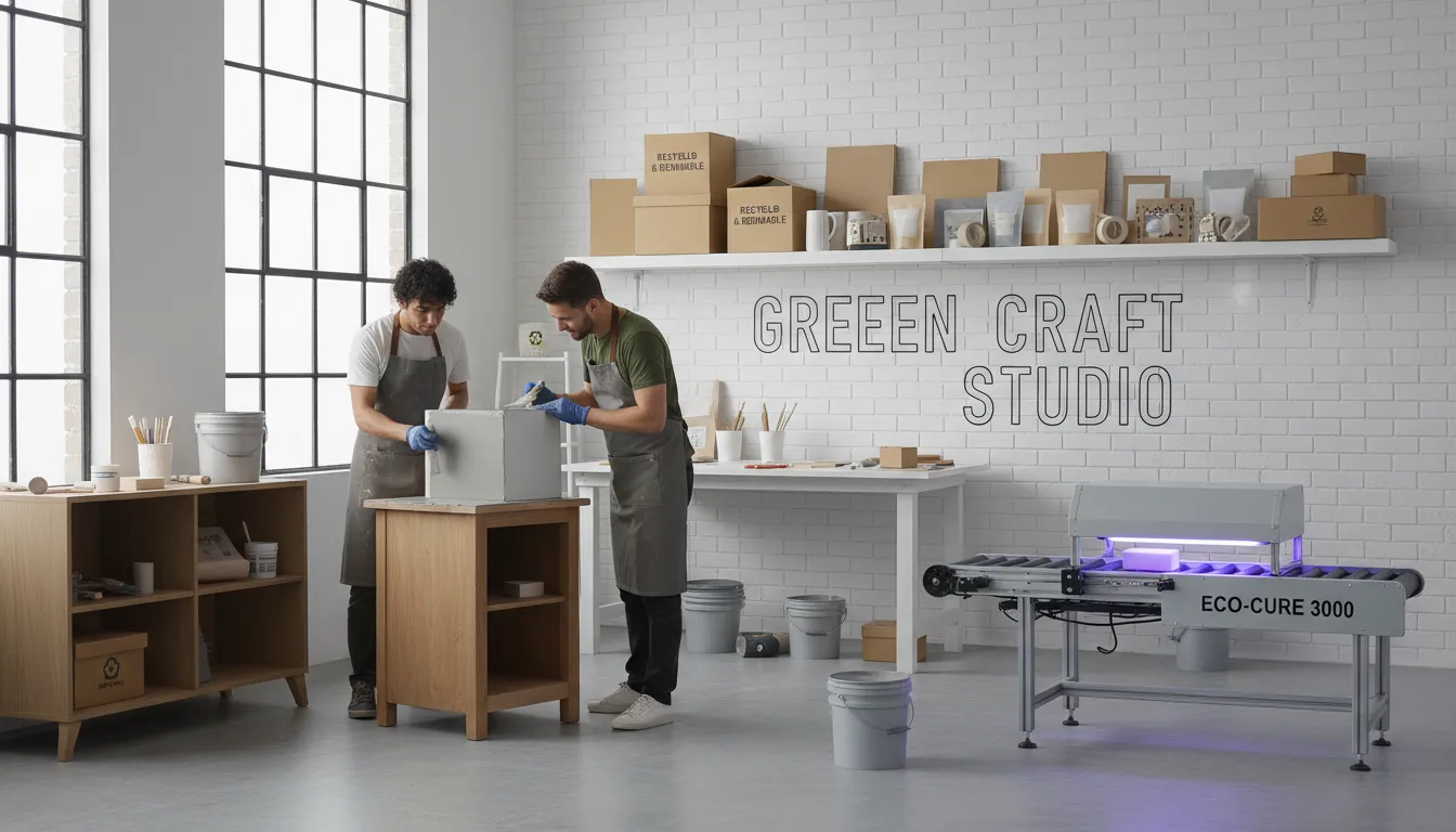 Ambiente faça você mesmo com aplicação de microcimento e unidade de cura UV em esteira compacta.