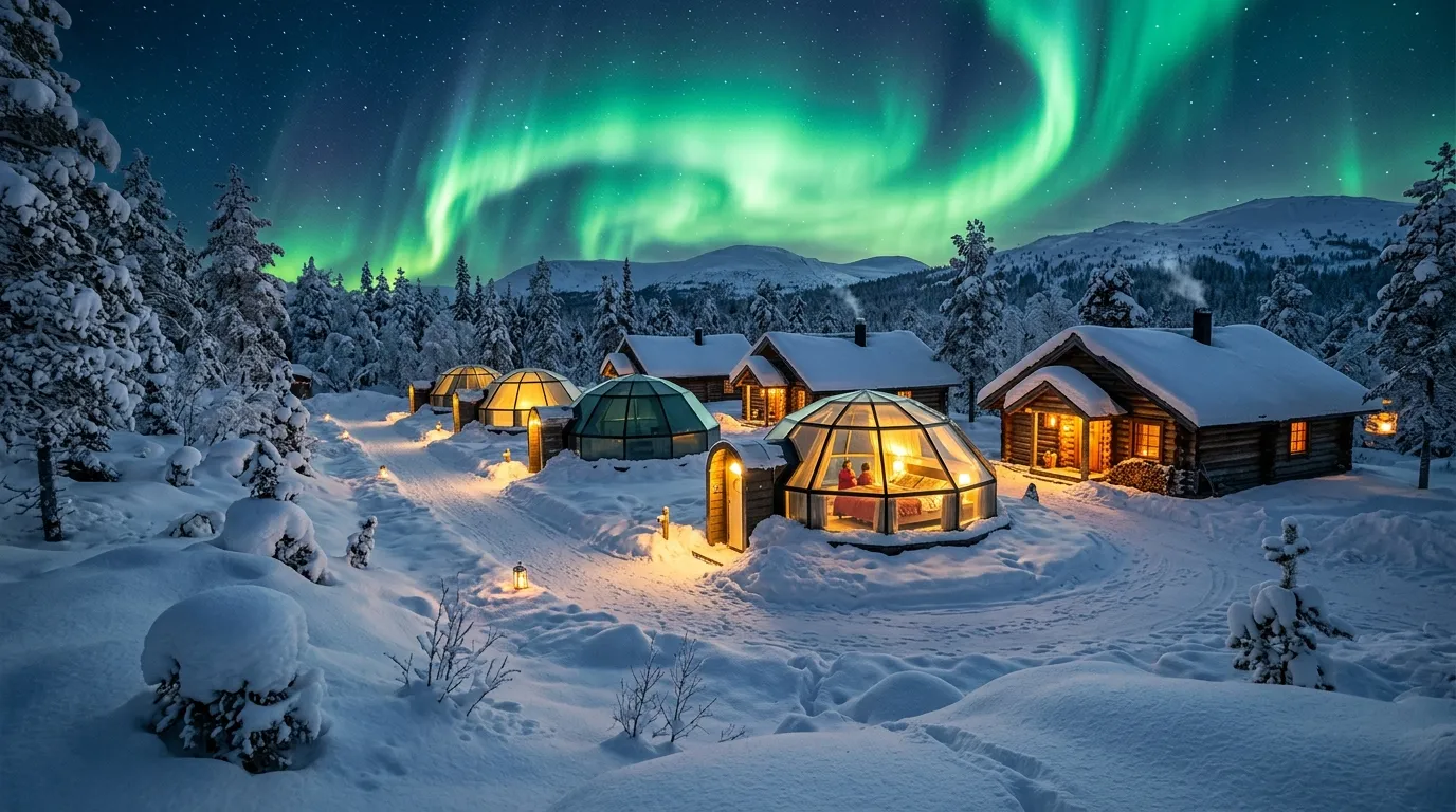 Cabines de vidro aconchegantes iluminadas na neve sob céu espetacular onde ver aurora boreal com conforto.