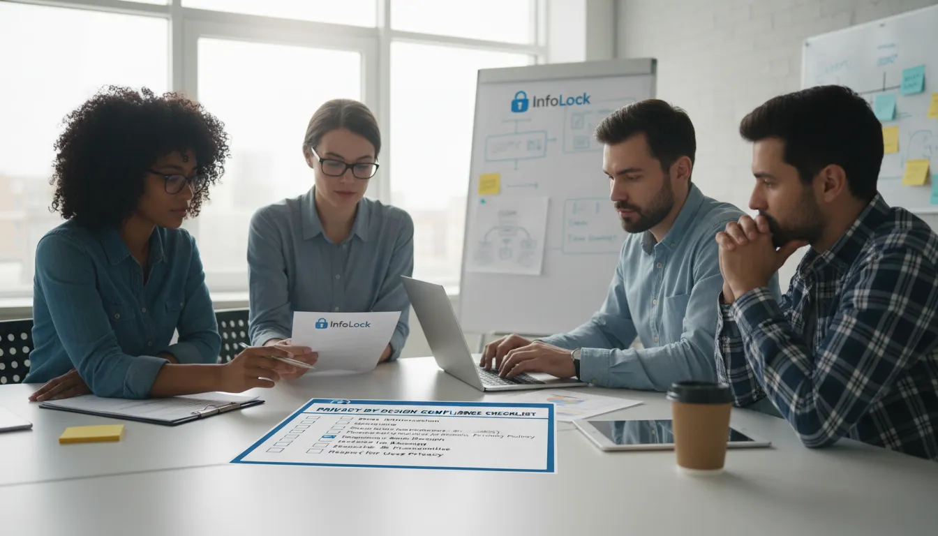 Equipe de desenvolvimento utilizando checklist para garantir a privacy by design, com o logo da InfoLock visível.