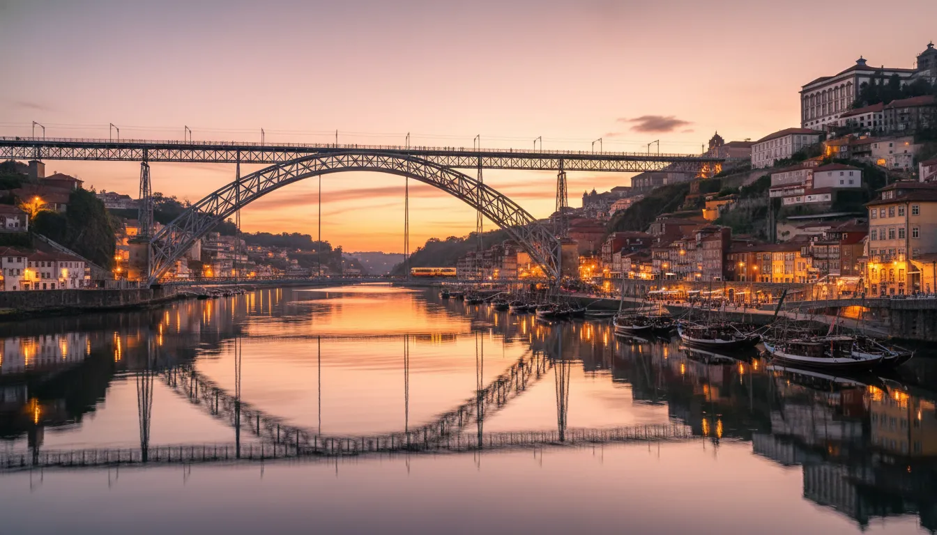 A ponte Dom Luís I em Porto, Portugal, cruzando o rio Douro ao pôr do sol, com barcos rabelos ancorados.