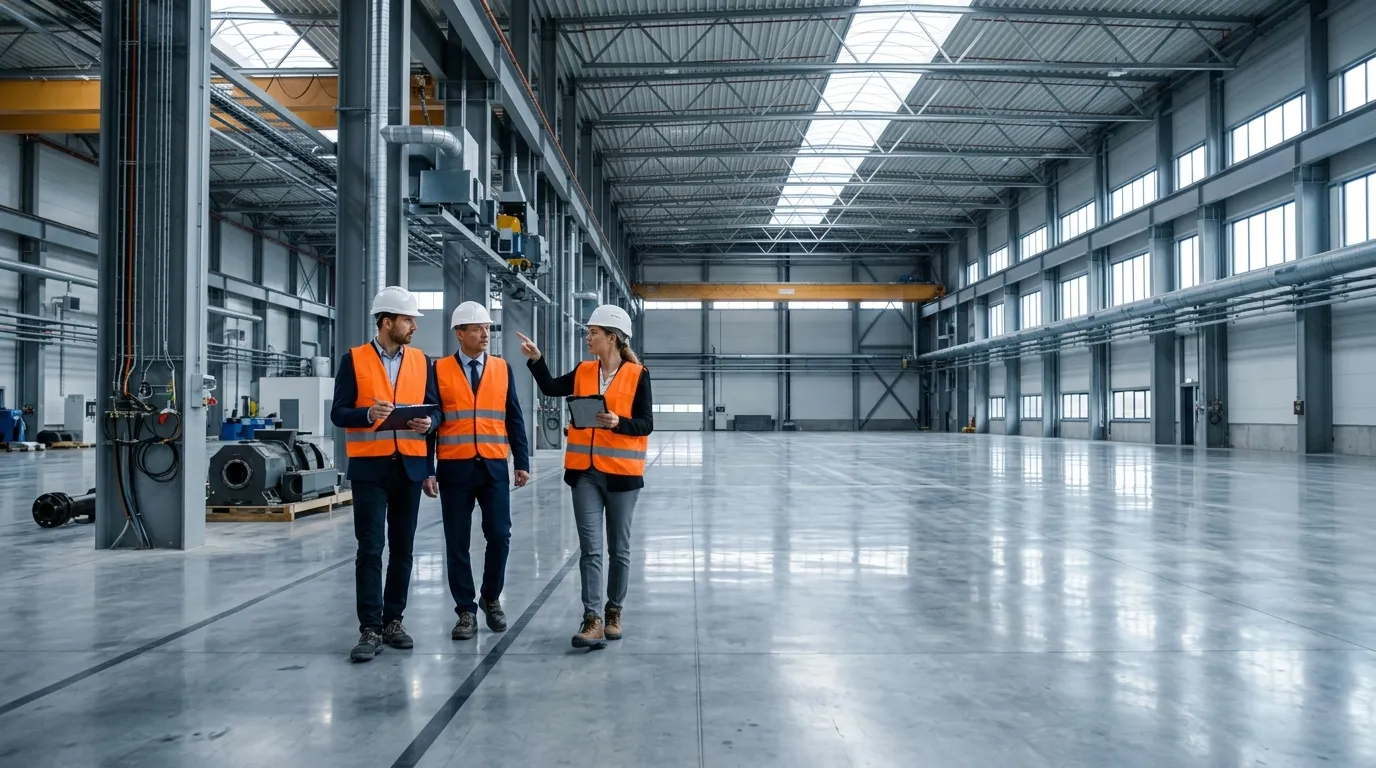 Especialistas avaliando galpão para formalizar contrato de locação industrial seguro.