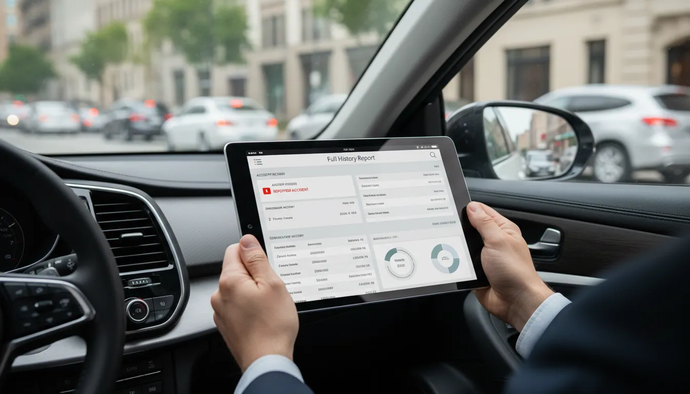 Uma pessoa segurando um tablet mostrando um relatório detalhado do histórico do veículo, ideal ao consultar placa.