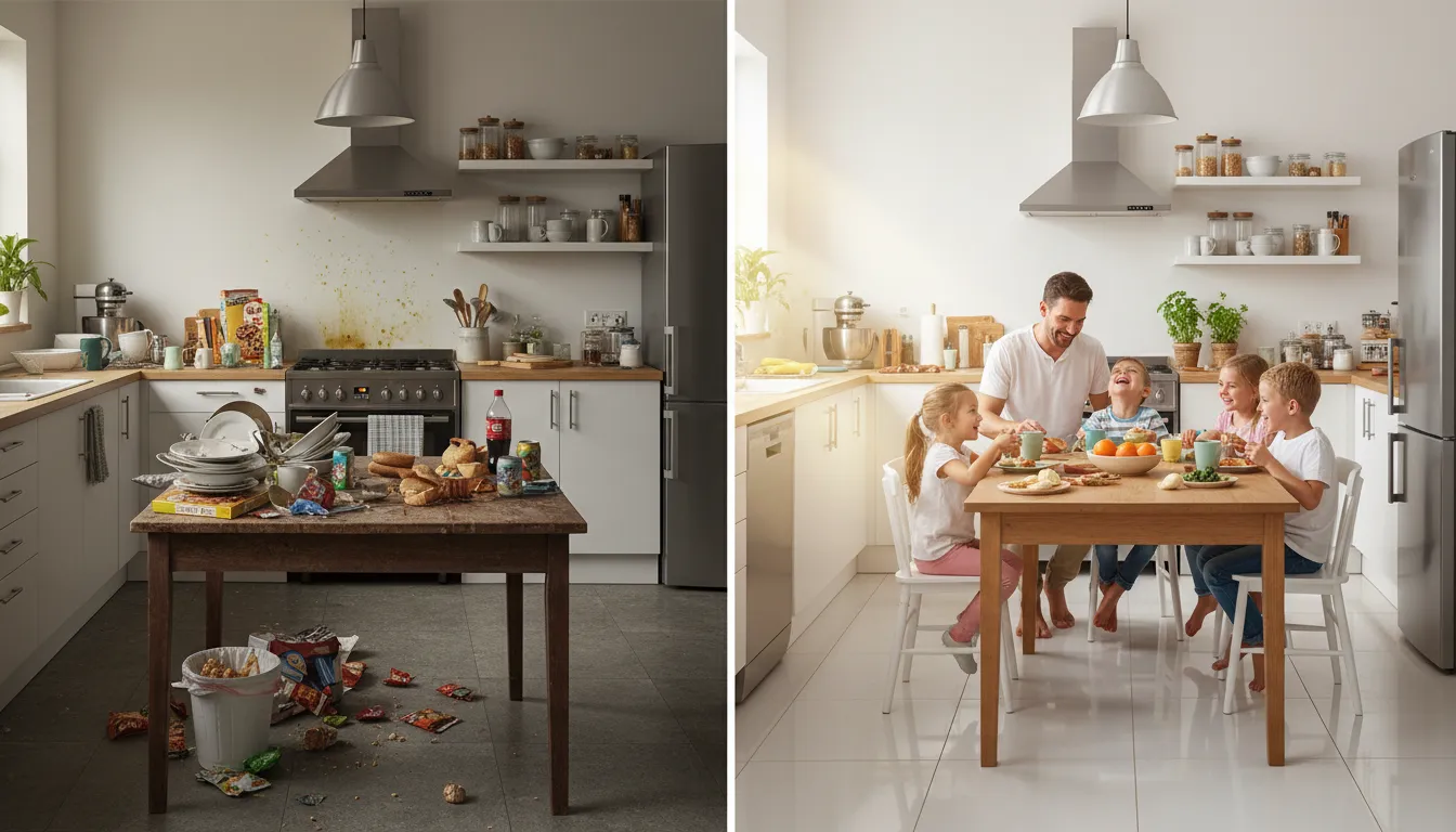 Dramatic kitchen before and after showcasing the services of the best cleaning company near me, Floor to Ceiling Cleanings.