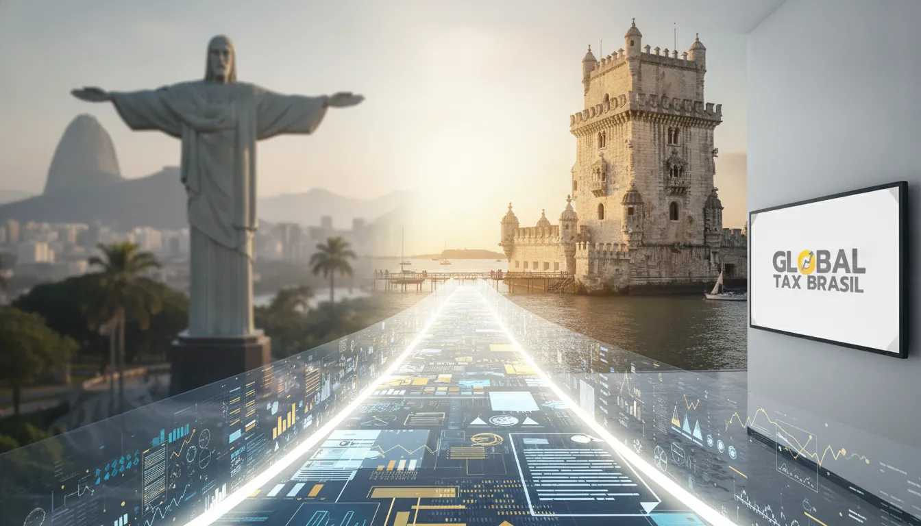 Transição suave Brasil-Portugal, com setas conectando Cristo Redentor e Torre Belém, simbolizando saída fiscal NHR.