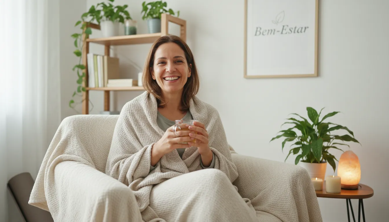 Cliente satisfeita após sessão de mesa radiônica online, refletindo o bem-estar promovido pela terapia à distância.