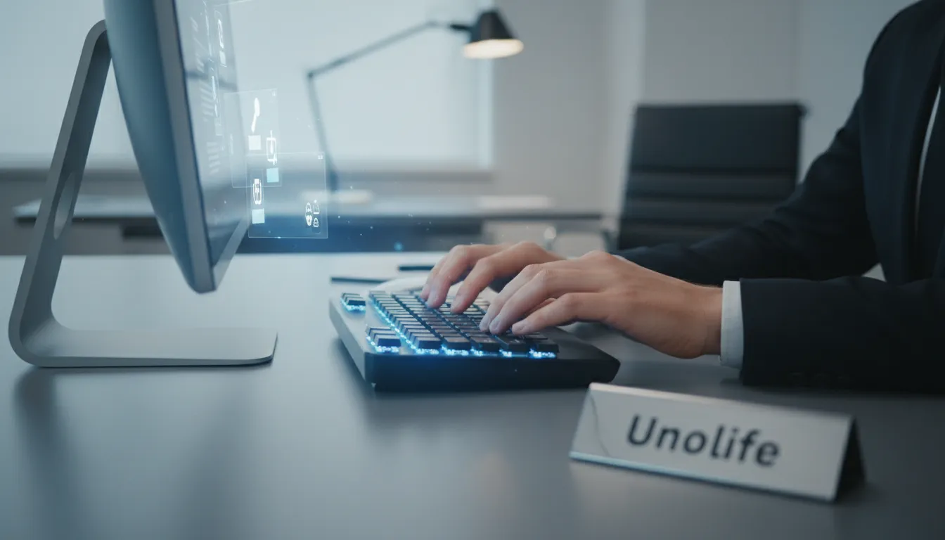 Close-up das mãos de um advogado online digitando em um teclado, destacando a modernidade e eficiência. Unolife: especialistas em advogados online.