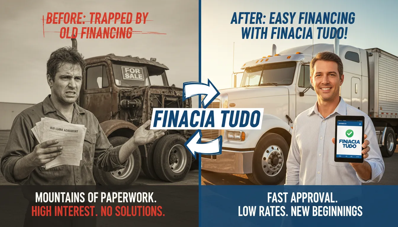 Imagem dividida mostrando um caminhoneiro frustrado com financiamento antigo e outro feliz com o financiamento de caminhões da Financia Tudo, destacando o contraste e a solução.