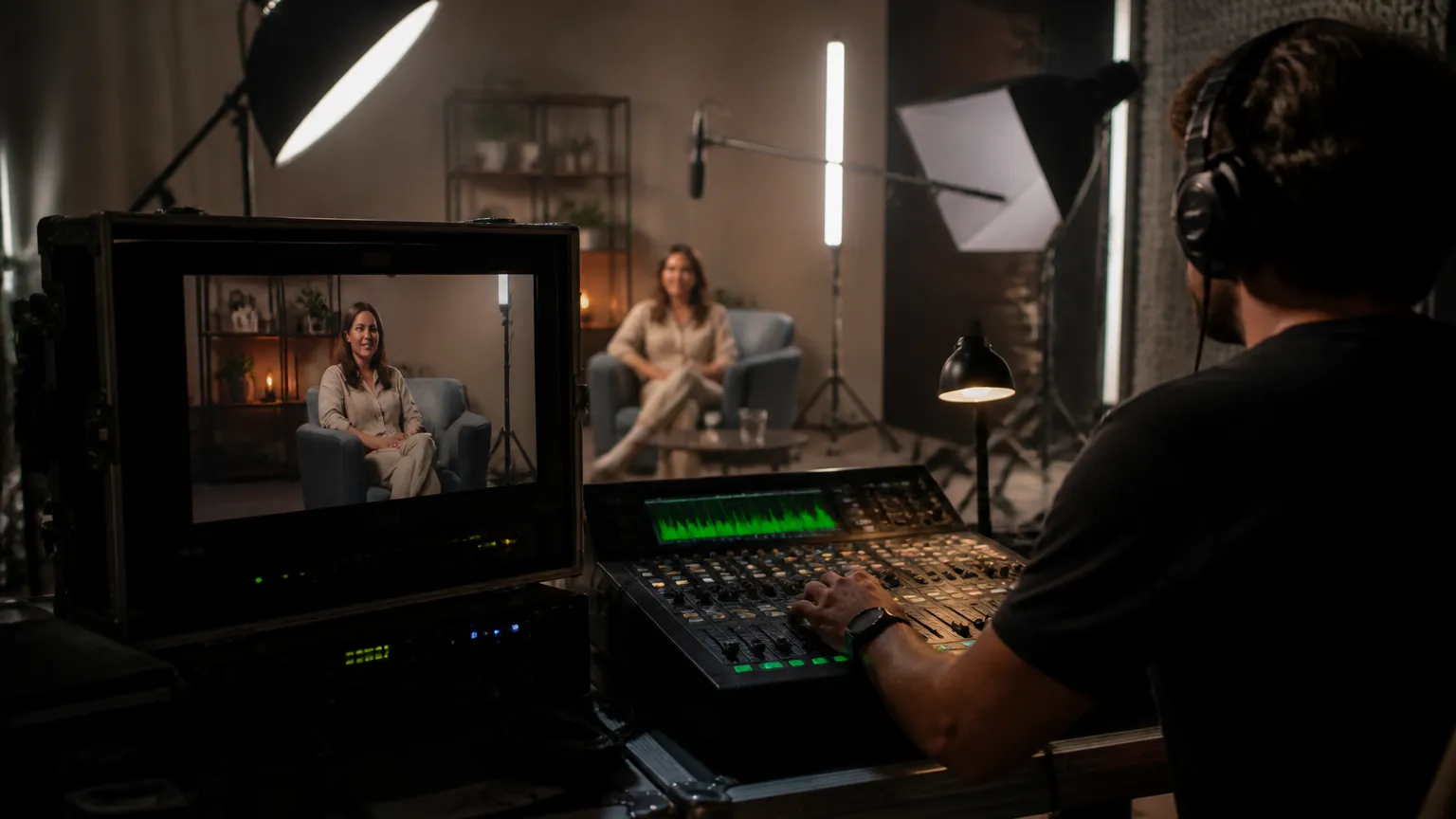 Mesa de controle e iluminacao para gravacao de videos profissionais em cenario corporativo de alta qualidade.