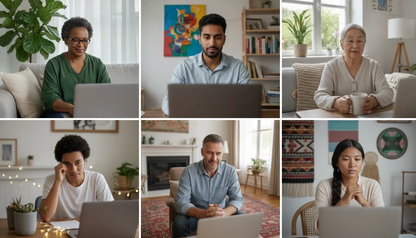 Pessoas diversas participando de sessões de psicanálise online, mostrando a acessibilidade e conveniência da terapia.