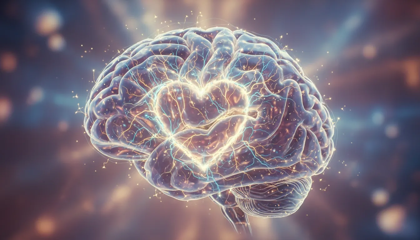Cérebro com conexões neurais brilhantes, representando cura emocional através da quantica terapia e autoconsciência.