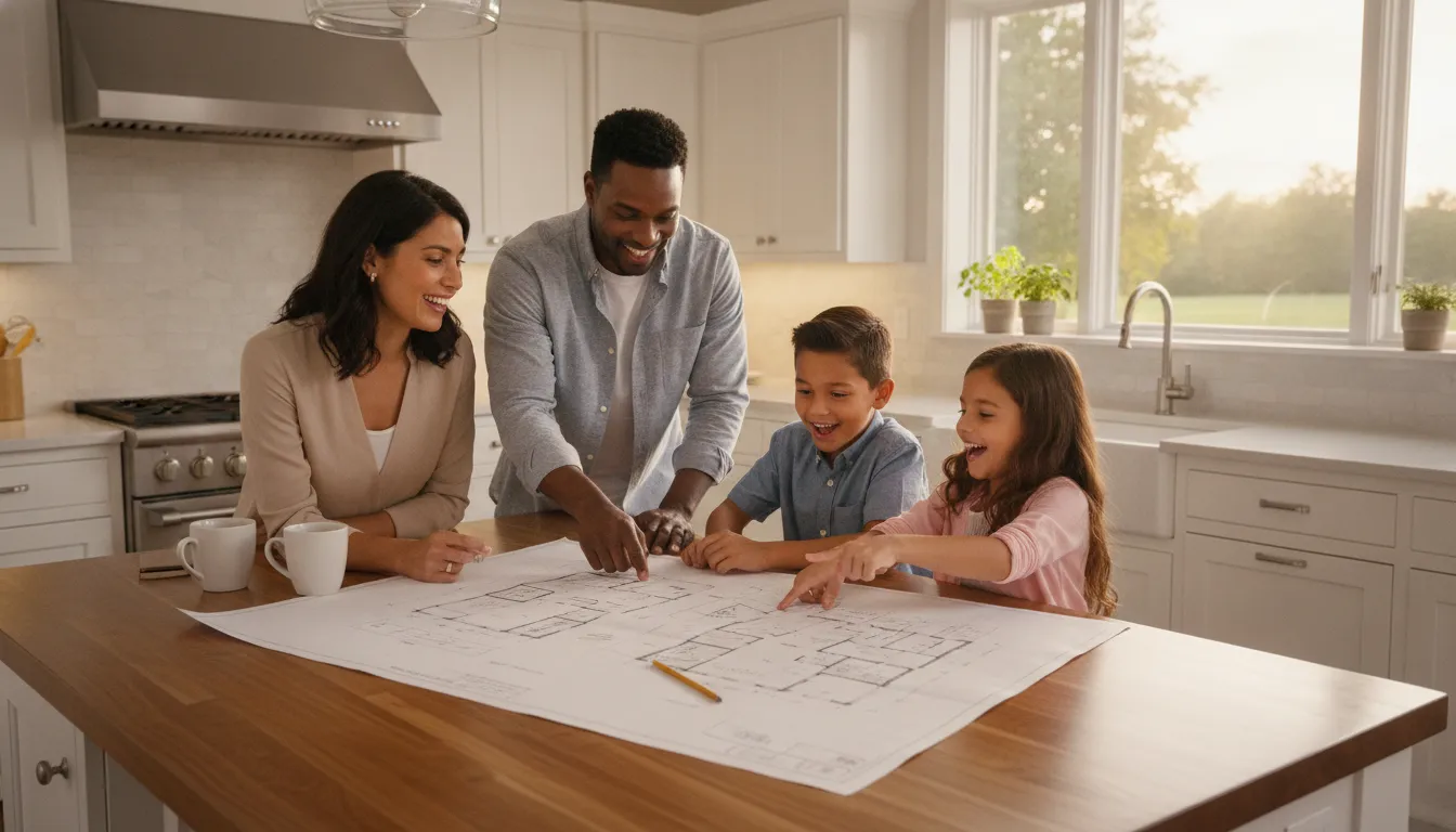 Família feliz olhando planta de casa nova, ilustrando como avaliar proposta de crédito para realizar sonhos.