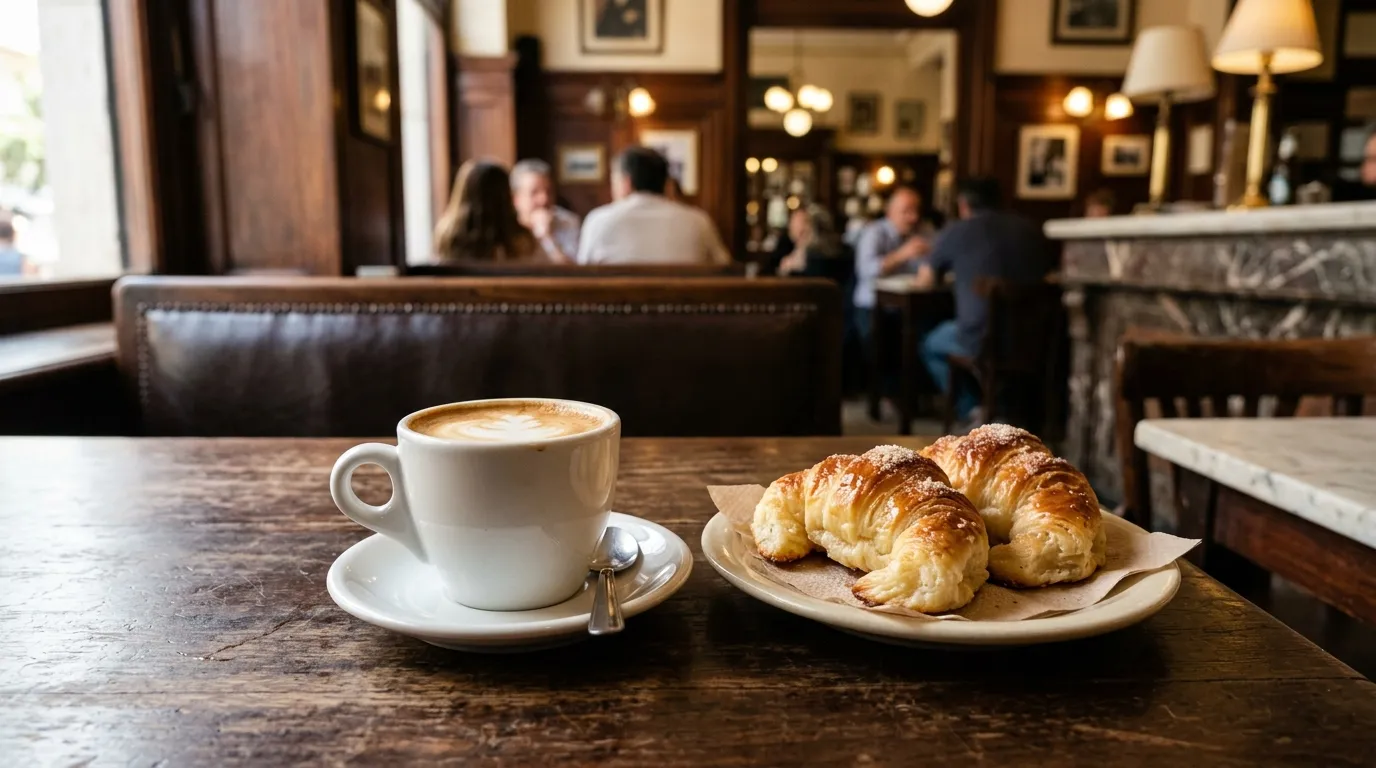 Cafe cortado e medialunas tipicas em cafeteria tradicional de Buenos Aires.