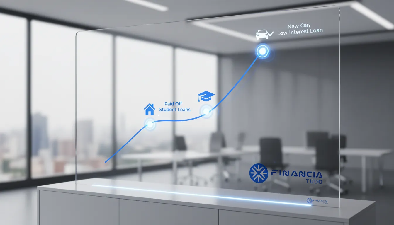Gráfico visualmente atraente mostrando como aumentar score crédito ao longo do tempo, com metas financeiras sendo alcançadas.