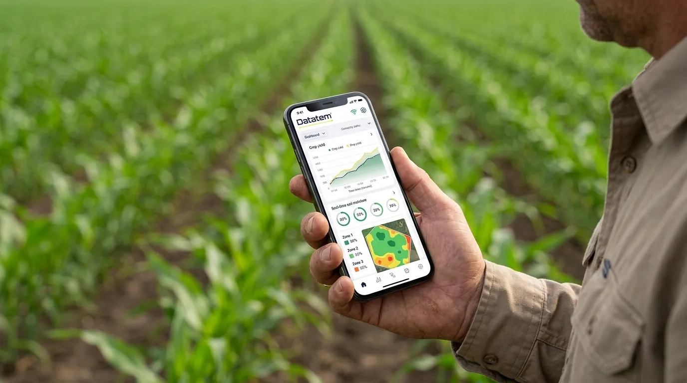 Dados transmitidos pelo sensor de umidade do solo exibidos em aplicativo de monitoramento agrícola.