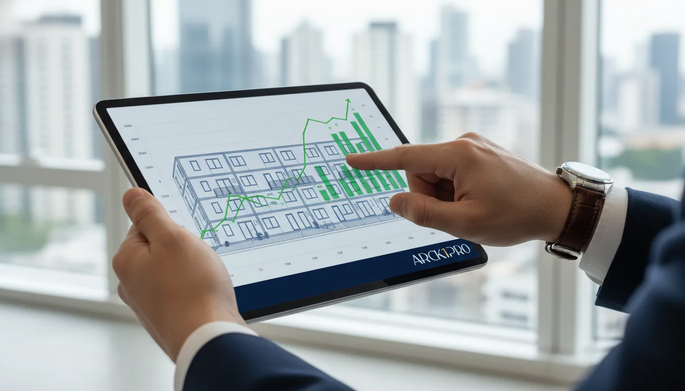 Mãos de investidor analisando gráfico e planta, destacando imóveis compactos investimento inteligente.