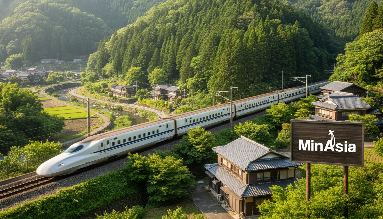 Trem-bala Shinkansen em alta velocidade atravessando a zona rural de Hakone, Japão, com paisagens verdes exuberantes e casas tradicionais em Hakone Japão.
