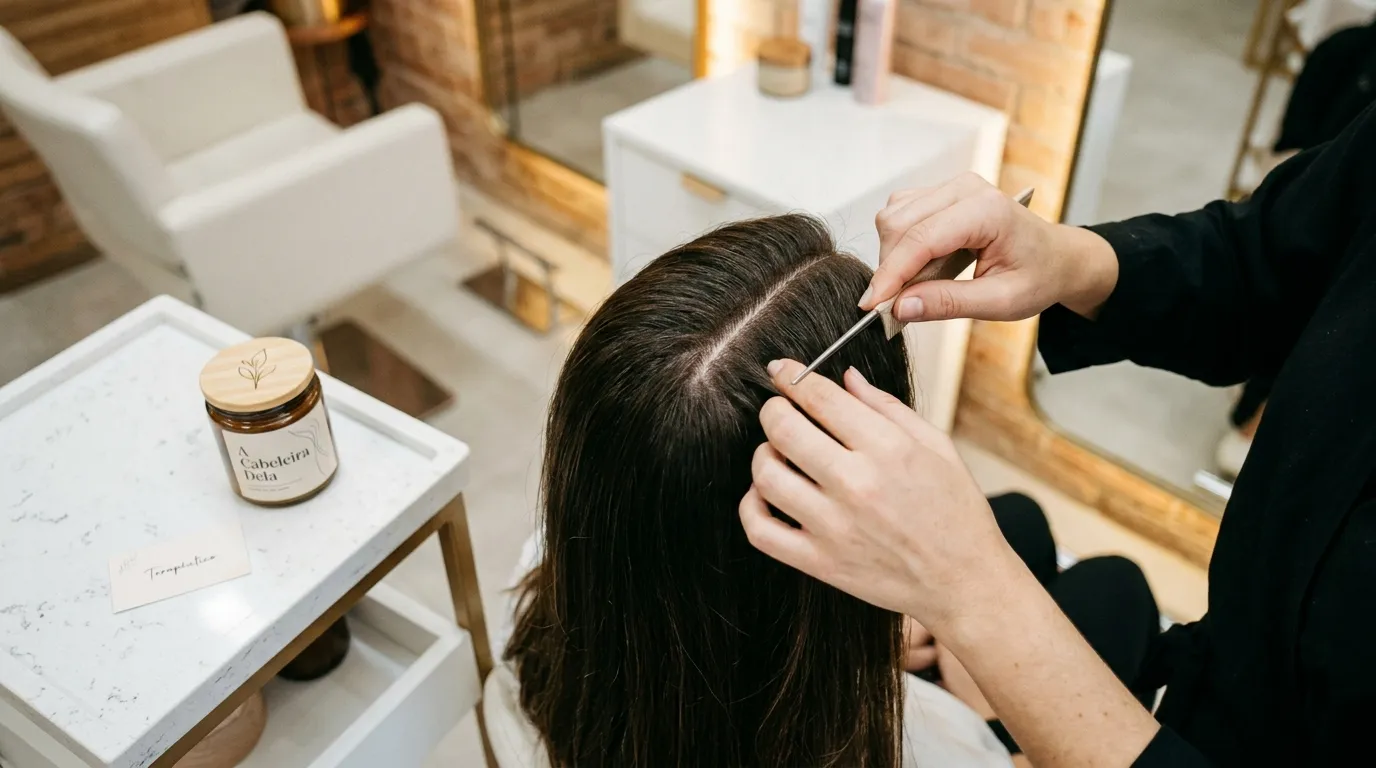 Profissional dividindo cabelo para aplicar produto de esfoliacao capilar no couro cabeludo.