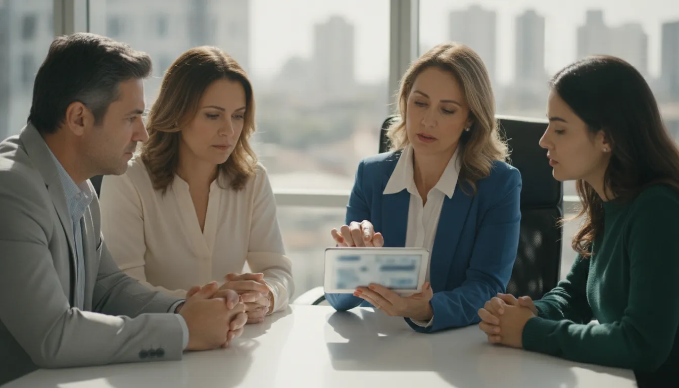 Advogado em Araras explica detalhes de ação contra plano saúde para clientes preocupados em reunião.