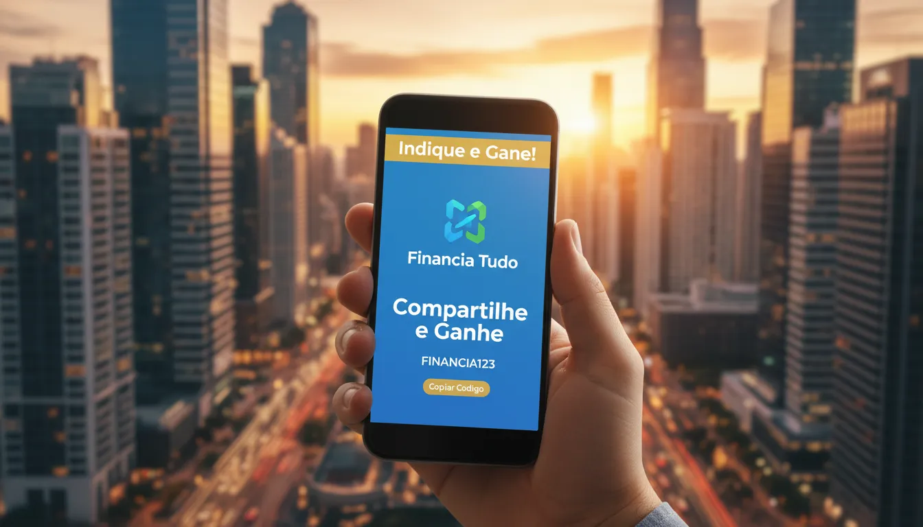 Close-up de um smartphone mostrando um código de indicação da Financia Tudo em frente a uma paisagem urbana, destacando a chance de ganhar dinheiro indicando.