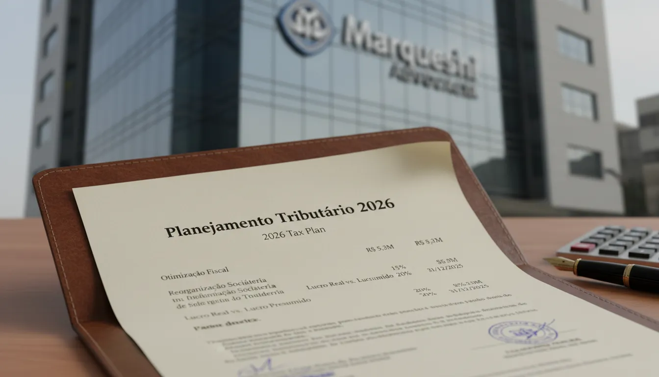 Detalhe de um documento legal sobre planejamento tributário 2026, enfatizando a expertise da Marquesini Advocacia em Bauru.