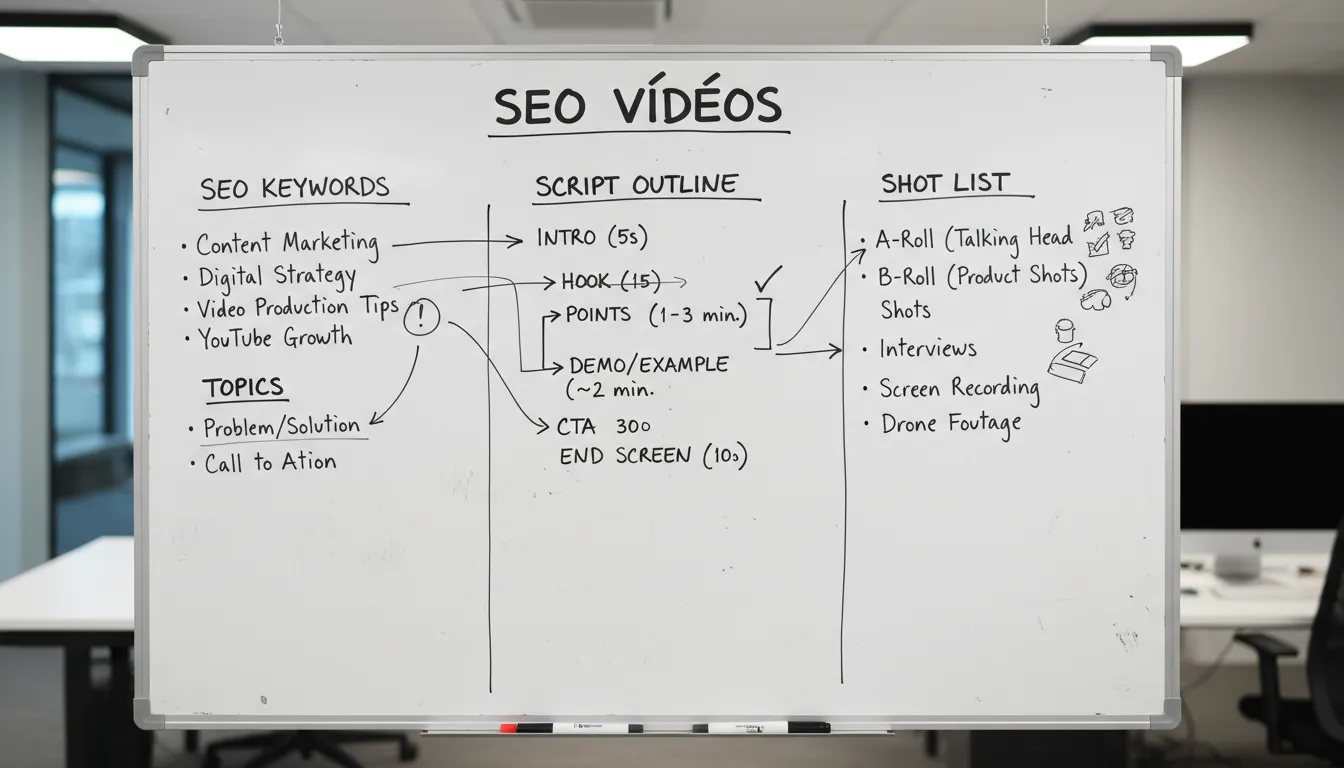 Um quadro branco com um plano de produção de vídeo esboçado, incluindo notas sobre palavras-chave SEO, esboços de roteiro e listas de cenas. Dicas de vídeo e SEO.