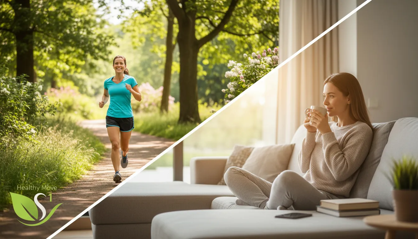 Pessoa correndo e, do outro lado da imagem, relaxando com uma xícara de café. Ilustração de como o café emagrece ao complementar um estilo de vida ativo.