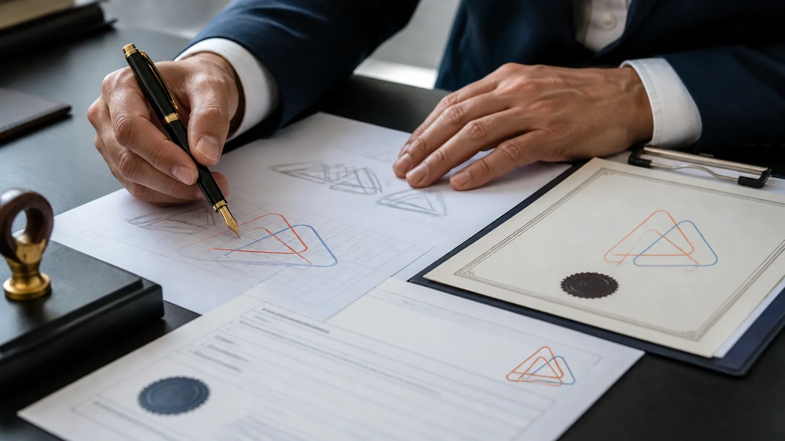 Advogada analisando formulários para processo de registro de marca INPI.
