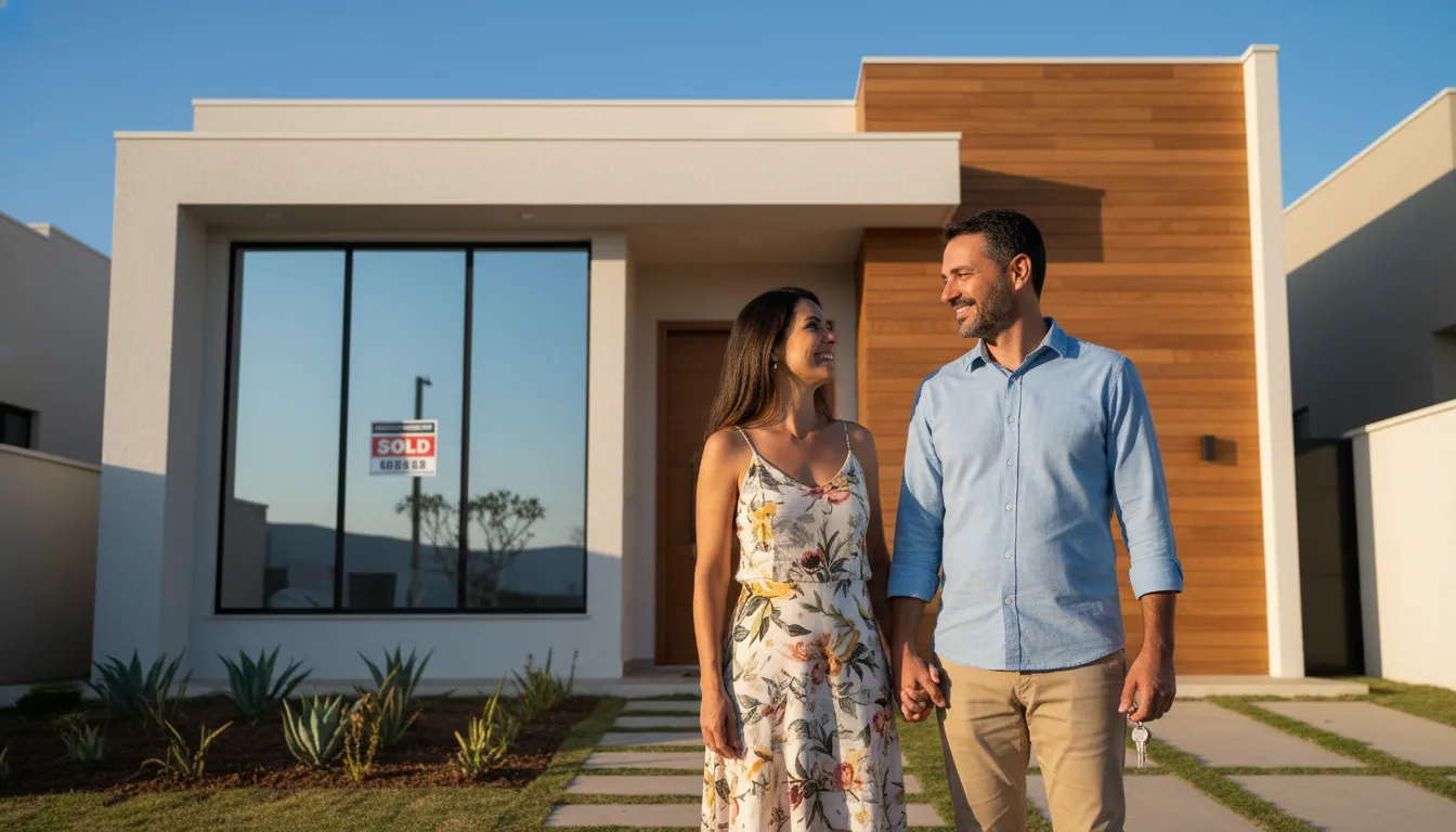 Casal autônomo feliz com chaves em frente nova casa, celebrando financiamento imóvel autônomo.