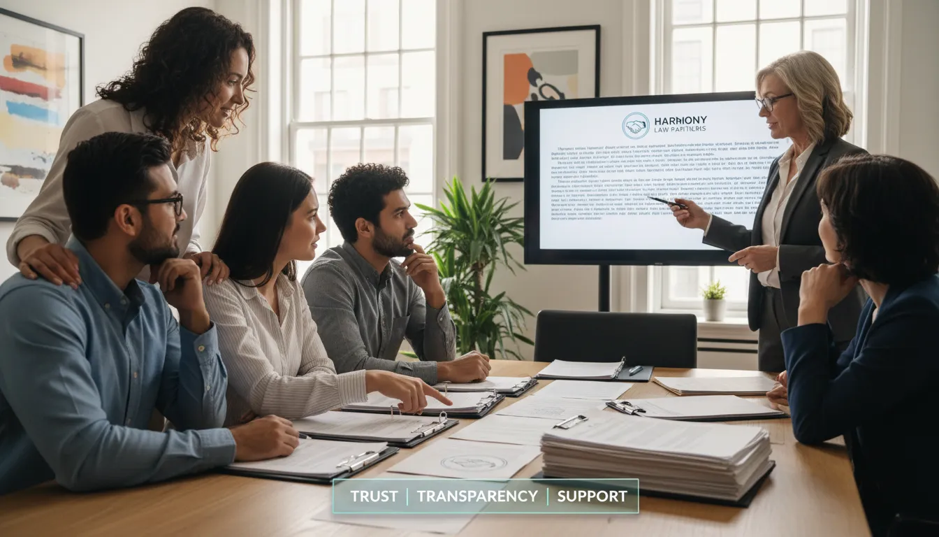 Equipe recebendo orientação jurídica personalizada para decisões financeiras seguras e transparentes.