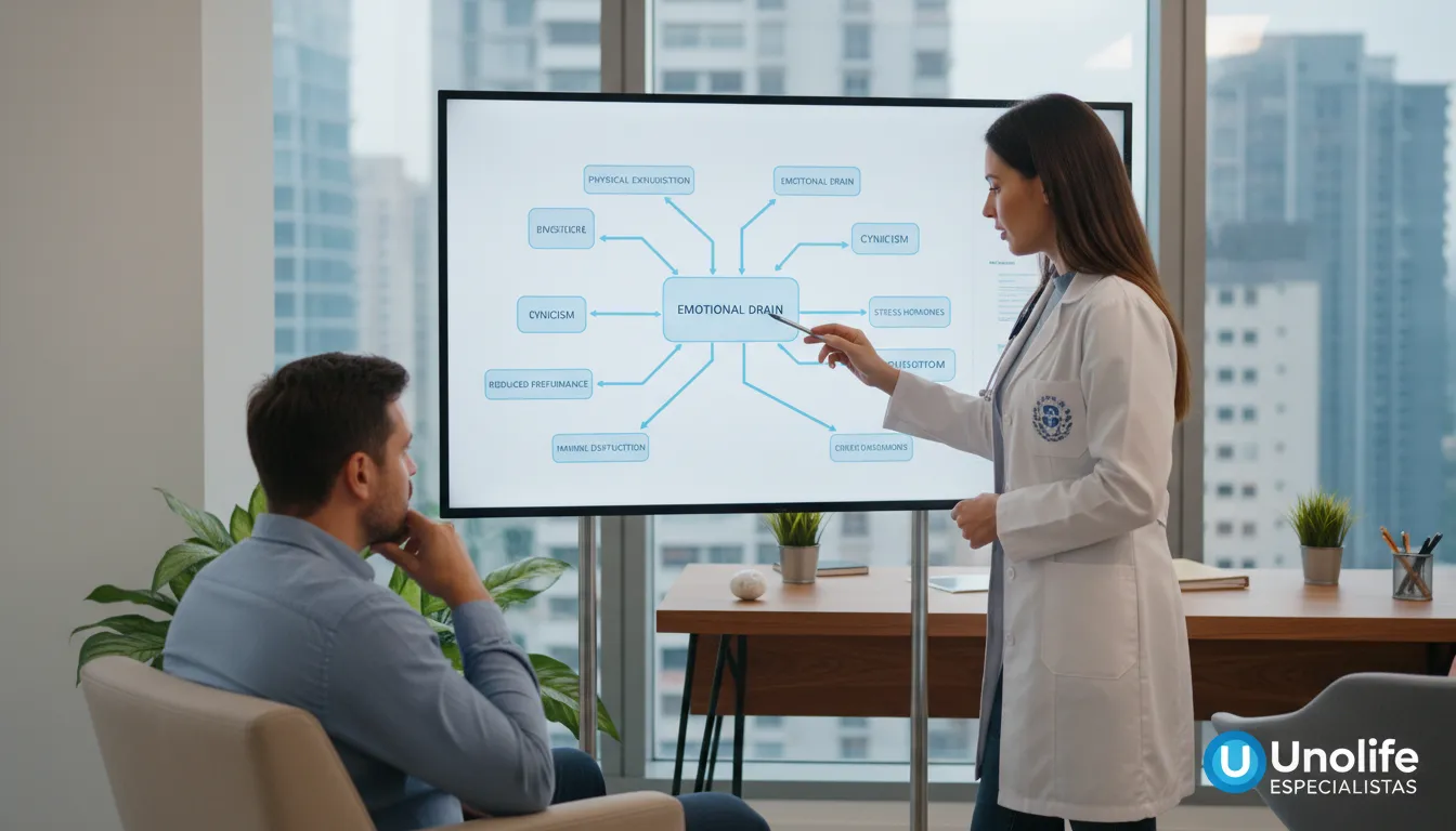 Médico explicando o burnout para um paciente, destacando a importância do diagnóstico e tratamento. Unolife.