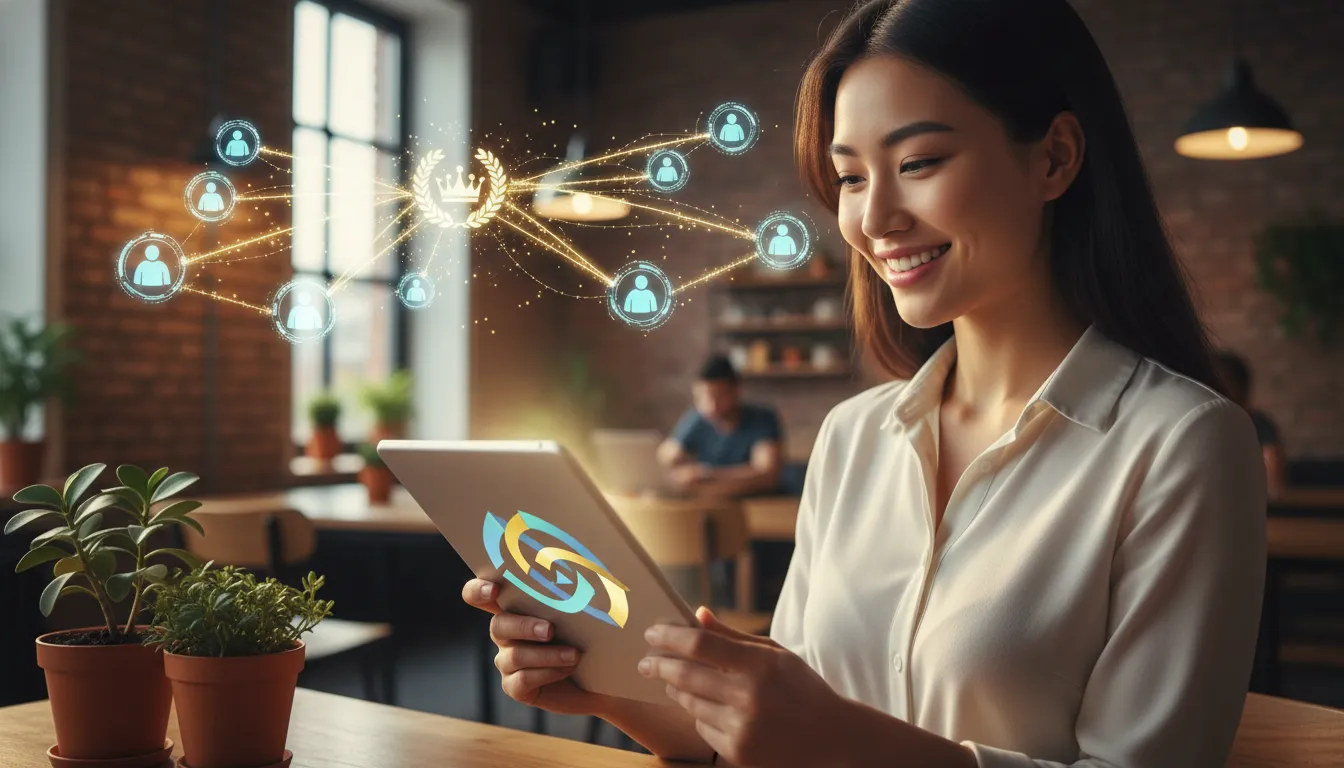 Cliente satisfeito com smartphone, representando sucesso no funil de vendas e lealdade à marca.