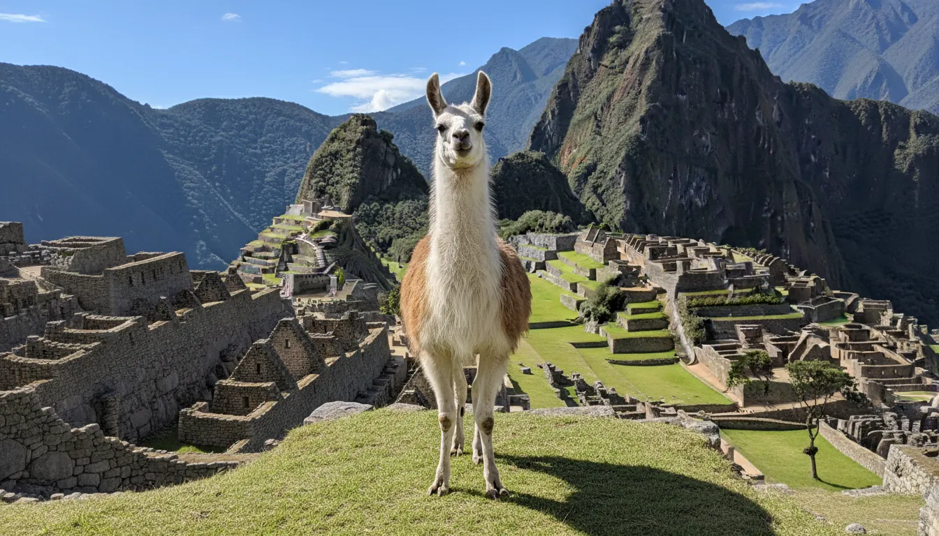 Uma lhama curiosa em Machu Picchu, de pé em uma das suas antigas terraços, com Huayna Picchu ao fundo.