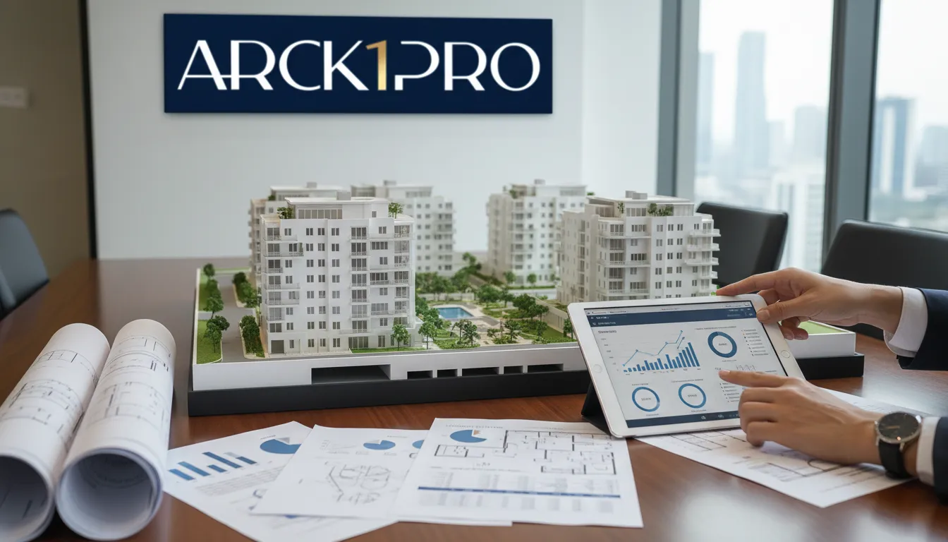 Mãos analisando maquete e dados financeiros, destacando valorização de imóveis e planejamento estratégico de investimento.
