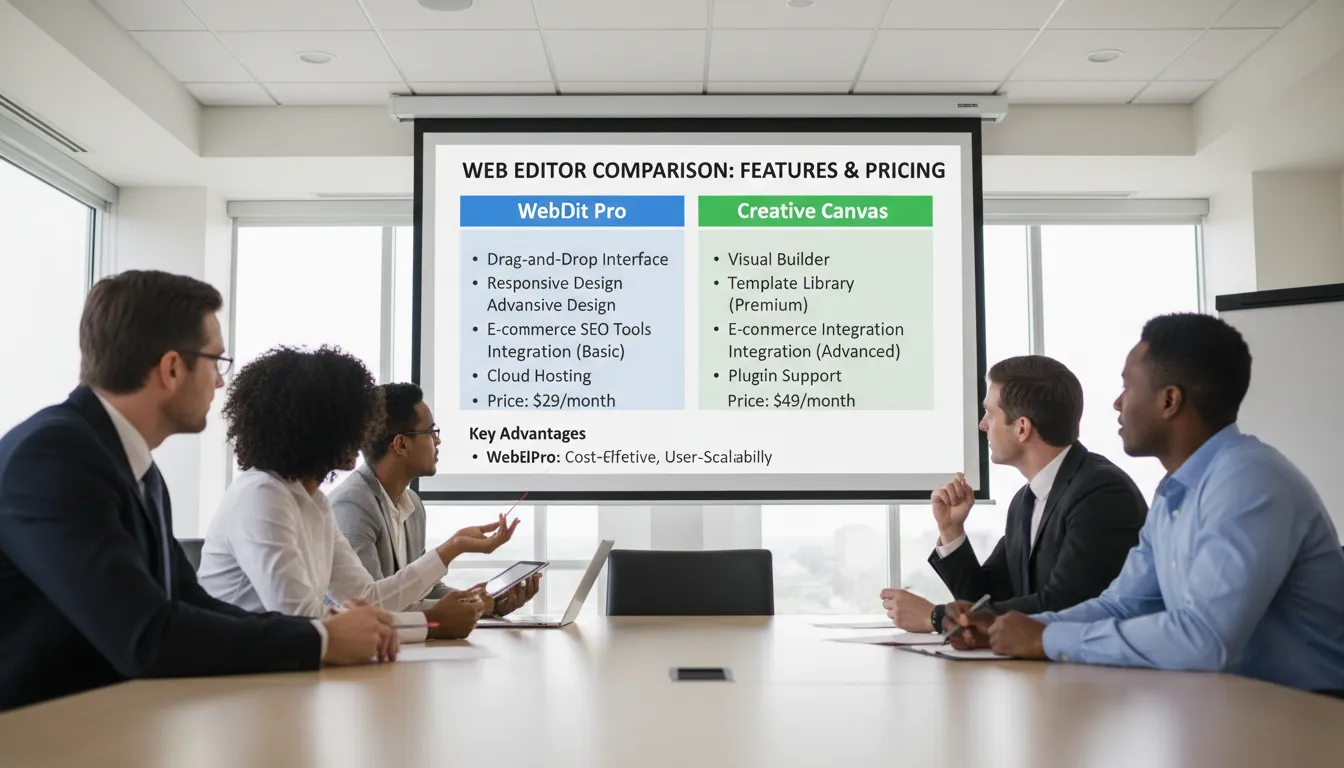 Elementor vs Gutenberg em 2026: Qual Escolher? 3 Apresentação de tabela comparativa entre editores WordPress em tela grande com equipe atenta ao redor.