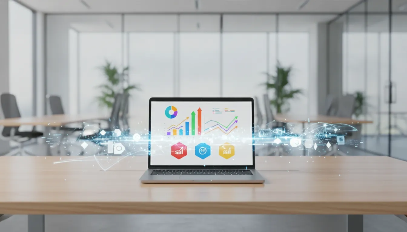 Mesa de escritório moderna com laptop exibindo dashboard de atendimento e vendas, simbolizando inteligência.