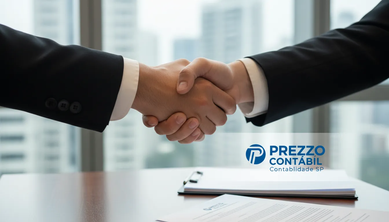 Um close-up de um aperto de mãos entre um empresário e um consultor da Prezzo Contábil, simbolizando confiança e parceria em serviços de Contabilidade na Zona Sul de São Paulo.