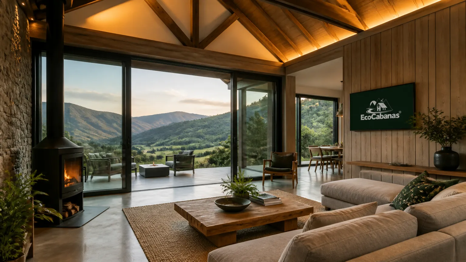 Sala ampla em casa de campo alto padrão com grandes vãos envidraçados e madeira.